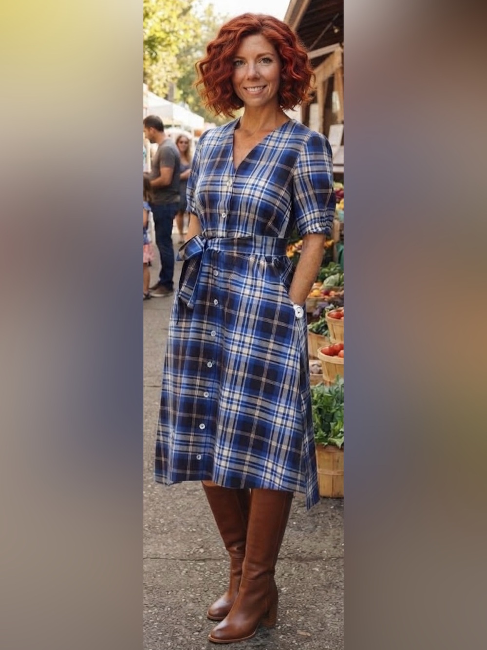 Zara Blue Plaid Button-Front Puff Sleeve Tafetta Midi Dress Medium